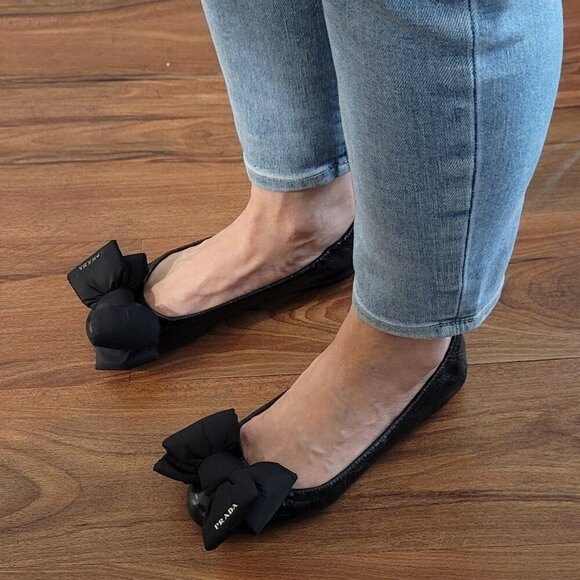Prada Sport Black Patent Leather Nylon Bow Detail Scrunch Ballet Flat Size 36.5 - Picture 10 of 10